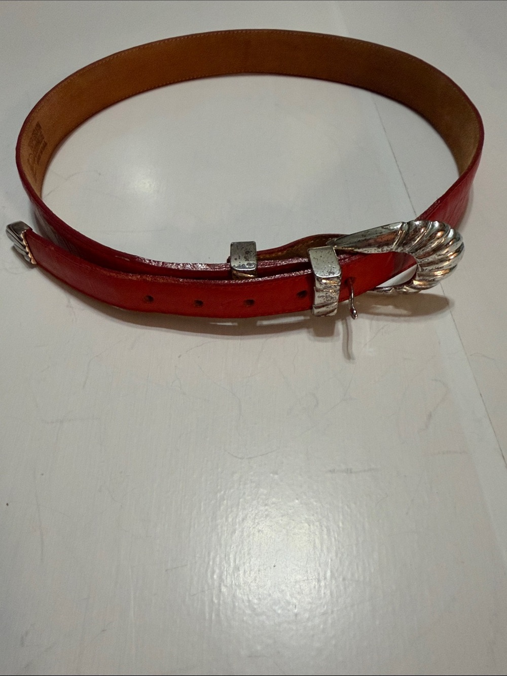 Red Top Grain Leather Women's Belt with Silver Twist Buckle
